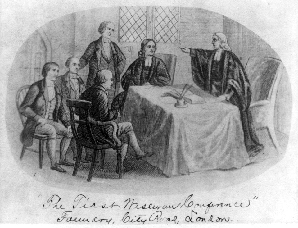 John and Charles Wesley, John Hodges, Henry Viers, Sam Taylor, and John Meriton at the First Wesleyan Conference, Foundry, City Road, London LCCN2017656312