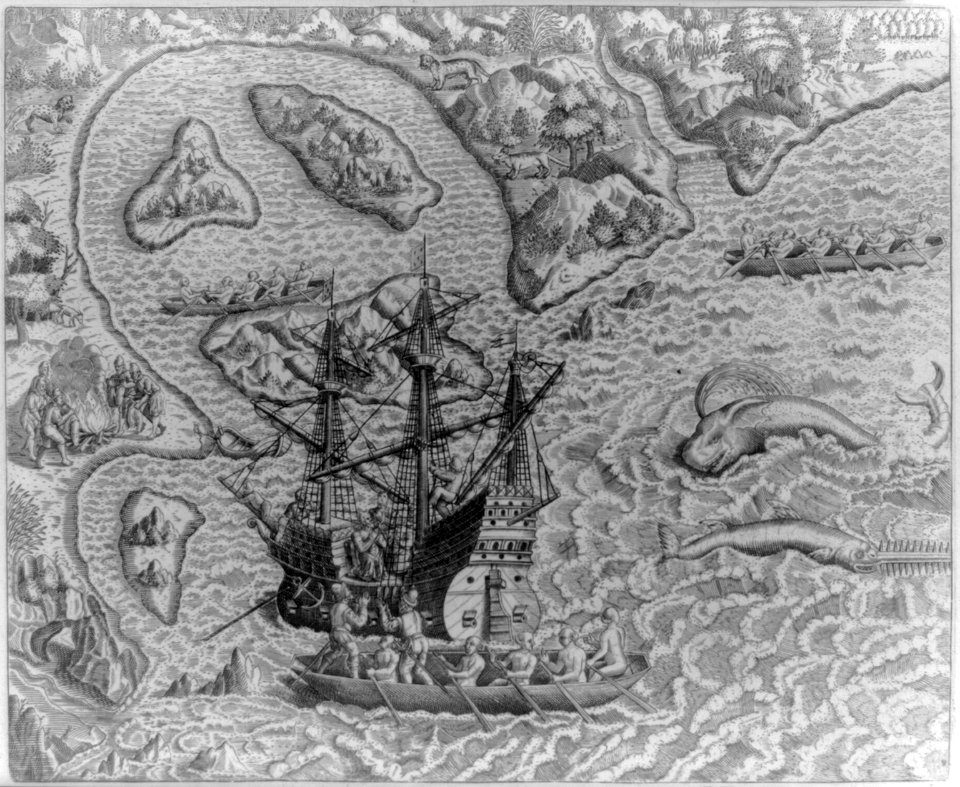 Johannes Staden arrives at unknown island and finds Portugese already there. Supraway, 18 miles from S. Vincentii Insula LCCN2007677244
