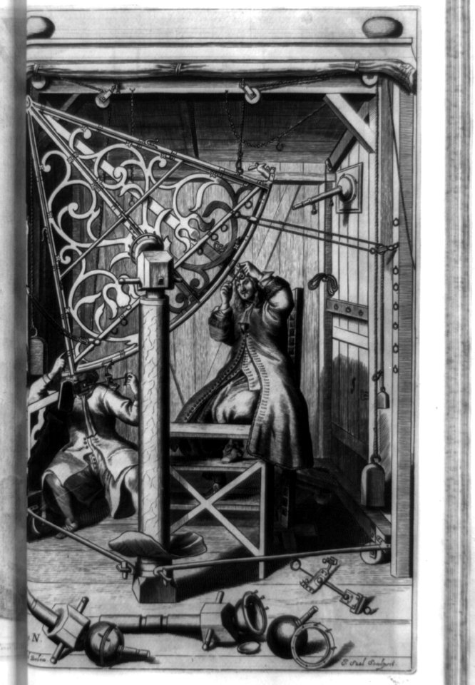 Johannes Hevelius and assistant using six-foot sextant to measure angular distances between pairs of stars LCCN92516556