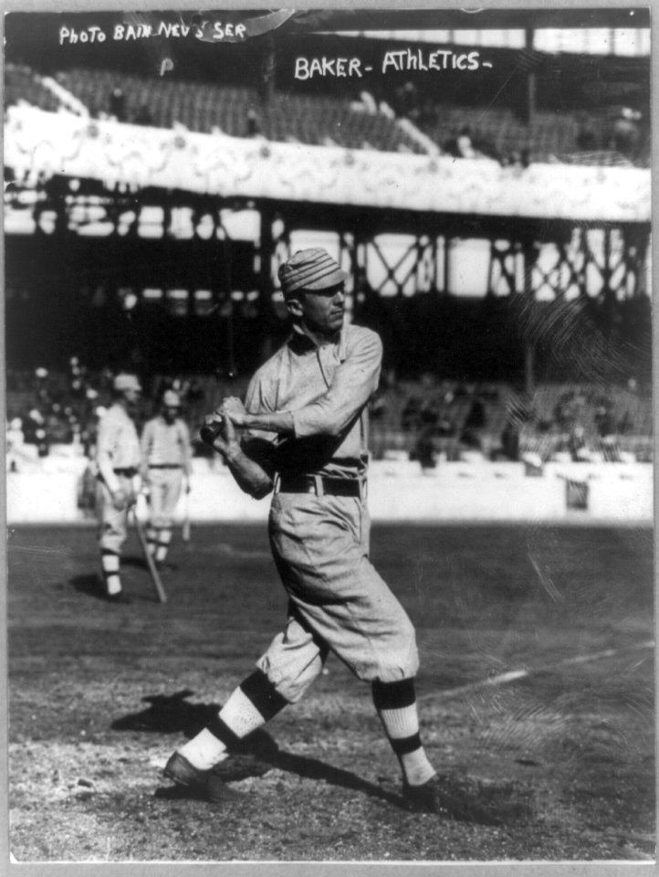 John Franklin Baker, baseball player for Philadelphia Athletics, swinging bat LCCN89714184
