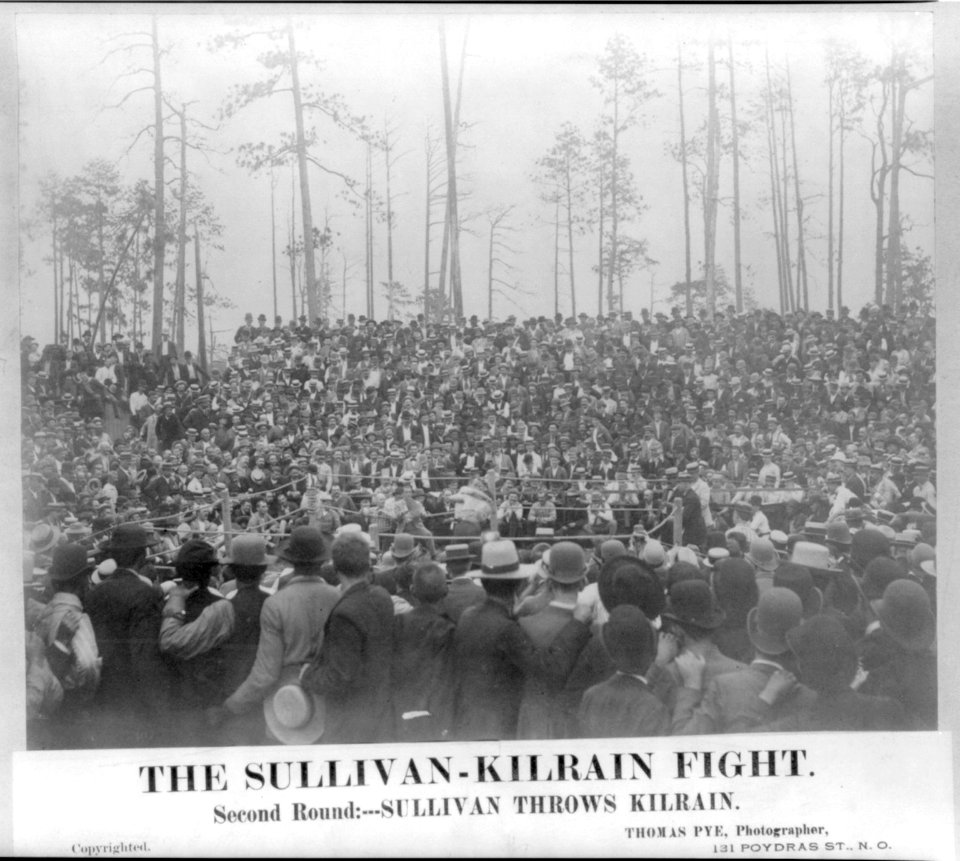 John Lawrence Sullivan, 1858-1918, in clinch during Jake Kilrain fight, 1889 LCCN2006690046