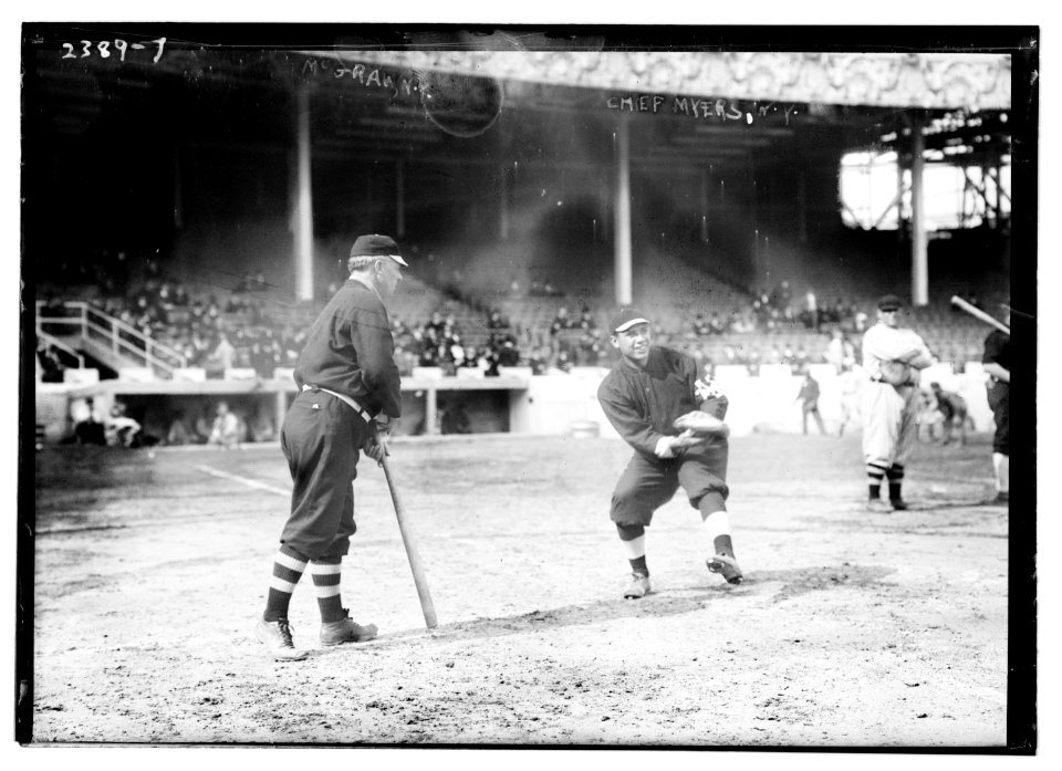 John McGraw (left) & Chief Meyers (catching), New York NL (baseball) at the 1911 World Series LCCN2014690310