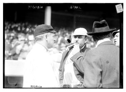 John McGraw (New York NL) at left, speaking to Jake Stahl (Boston AL) prior to a game of the 1912 World Series at the Polo Grounds, NY, October 1912 (baseball) LCCN2014691962