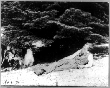 John Muir, full-length portrait, facing left, lying on rock with trees in background LCCN95514641