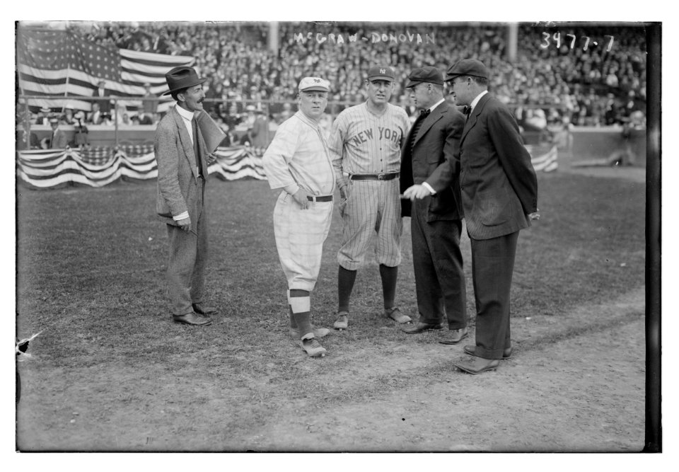 John McGraw, manager, New York NL & Wild Bill Donovan, manager, New York AL with two umpires (baseball) LCCN2014702735