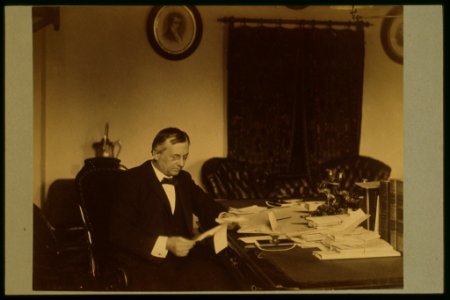 John Wanamaker, three-quarter length portrait, seated at desk, facing right) - Miss Johnston, No. 1332 V Street, Washington, D.C LCCN2001698187