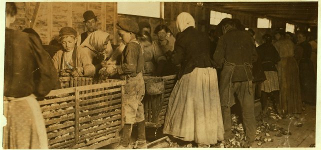 Johnnie, a nine-year-old oyster shucker. Man with pipe is a padrone who had brought these people from Baltimore for four years. He said, 'I tell you I have to lie to 'em. Ther're never LOC cph.3c16477