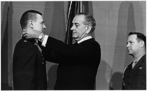 President Lyndon B. Johnson presents Medal of Honor to Major Merlyn Dethlefsen, United States Air Force - NARA - 192524