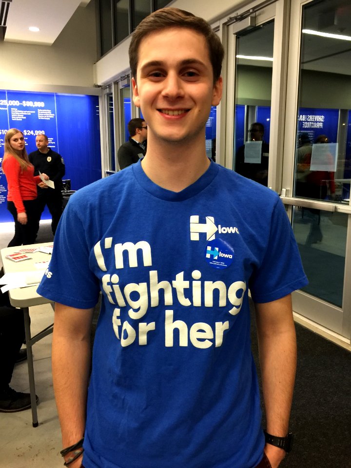 Jonathan Rudnick is a supporter of Democratic presidential candidate Hillary Clinton, in Des Moines, Iowa