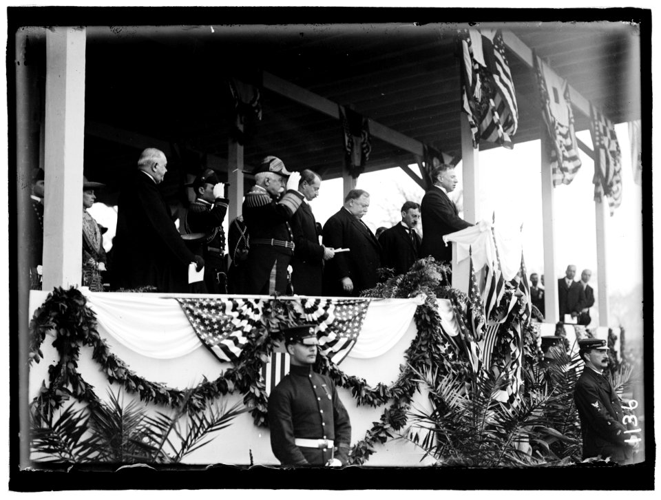 JONES, JOHN PAUL. DEDICATION OF MONUMENT, 4-17-12. MRS. TAFT; UNIDENTIFIED; NAVA OFFICER, UNIDENTIFIED; ADM. DEWEY; SEC. MEYER; TAFT; SEC. STIMSON; DR. CHARLES WOOD, PRAYING LCCN2016863696