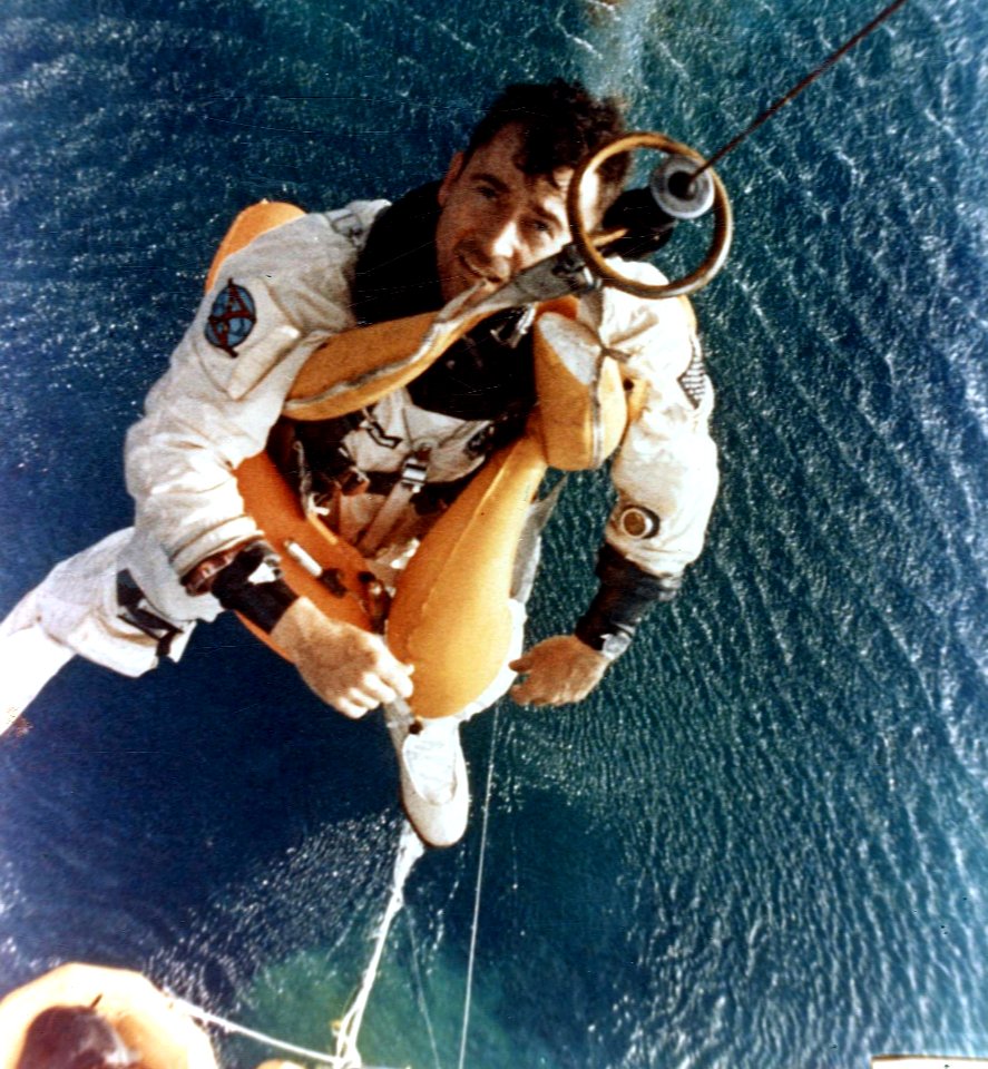 John Young is hoisted into helicopter after Gemini 10 flight 1966