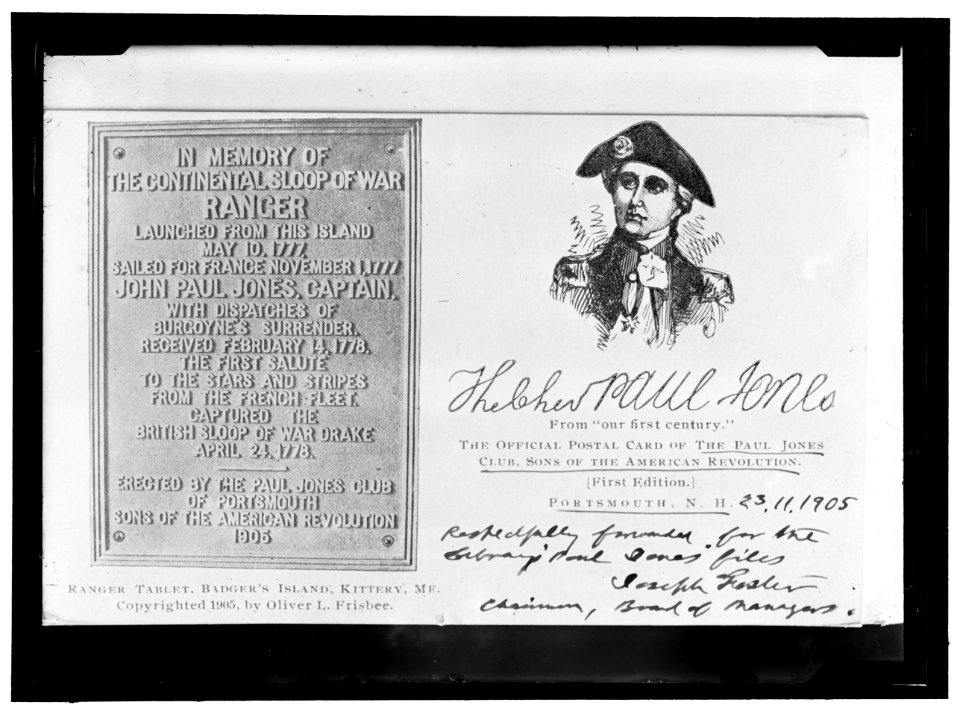 JONES, JOHN PAUL. OFFICIAL POSTAL CARD OF THE PAUL JONES CLUB, S.A.R. COPIED, 1917 LCCN2016867440
