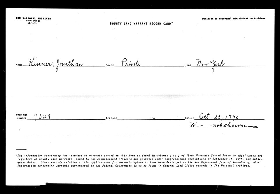 Jonathan Kinner (1744-1838) land grant card