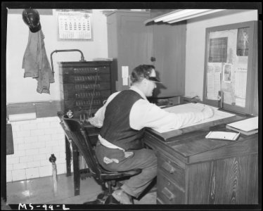 Joseph Popson, switchboard opertator in underground central telephone exchange of mine. Buckeye Coal Company... - NARA - 540269
