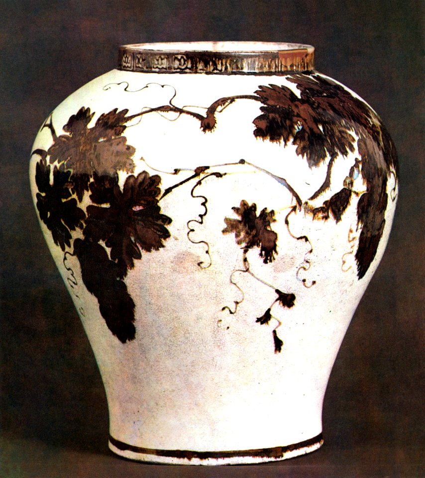 Joseon white porcelain jar with underglaze iron grape design