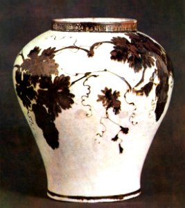 Joseon white porcelain jar with underglaze iron grape design