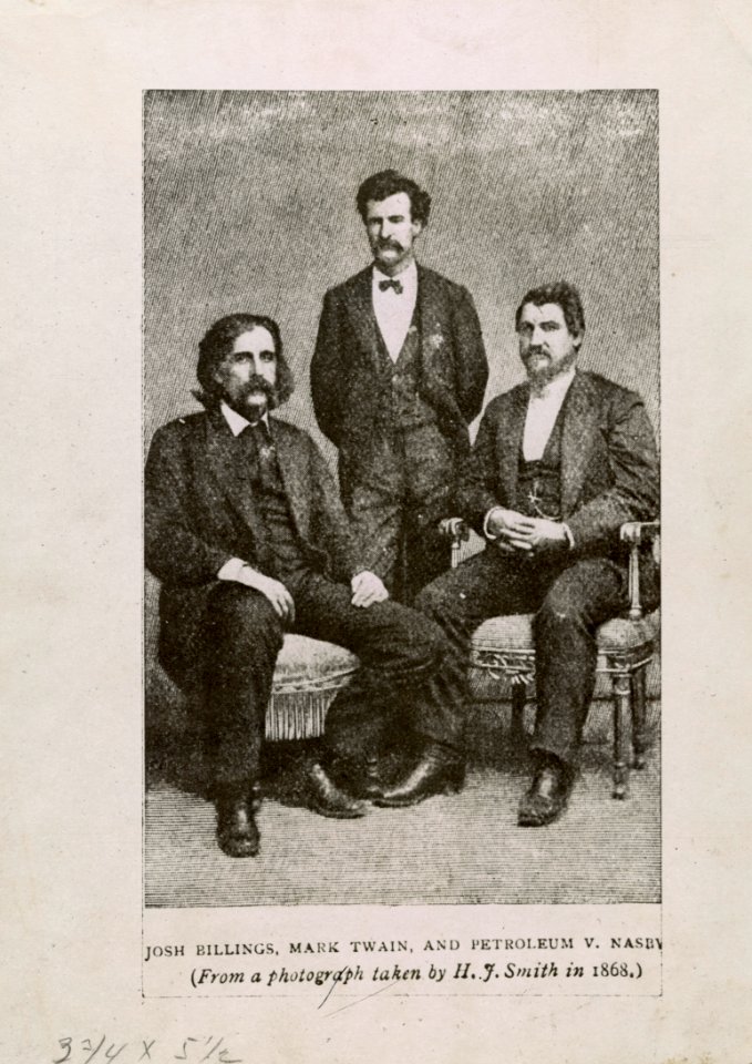 Josh Billings, Mark Twain, and Petroleum V. Nasby - From a photograph taken by H.J. Smith in 1868. LCCN2005679831