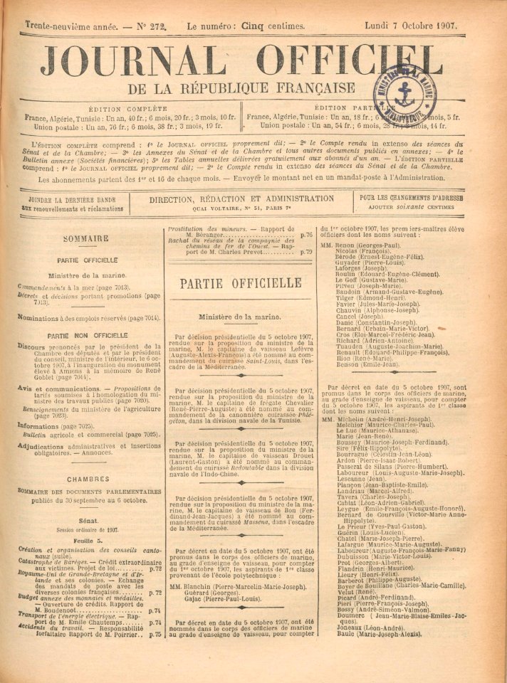 Journal officiel de la République française. Lois et décrets. Journaux officiels (Paris) 1907-10-07