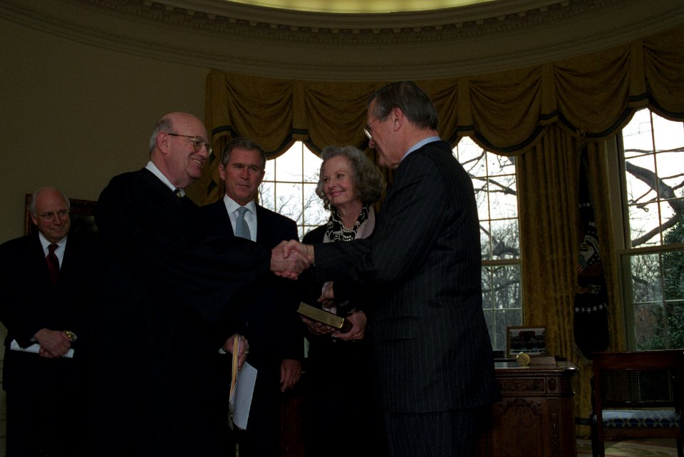 Judge Laurence Silberman congratulates Donald Rumsfeld