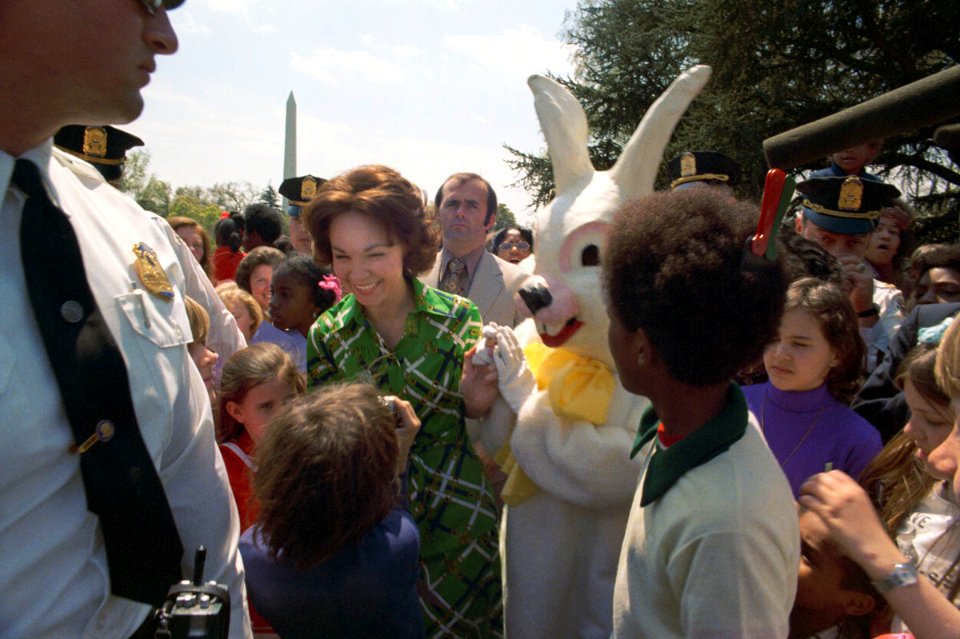Julie Nixon Eisenhower and the Easter Bunny at the Annual Easter Egg Roll on the South Lawn of the White House