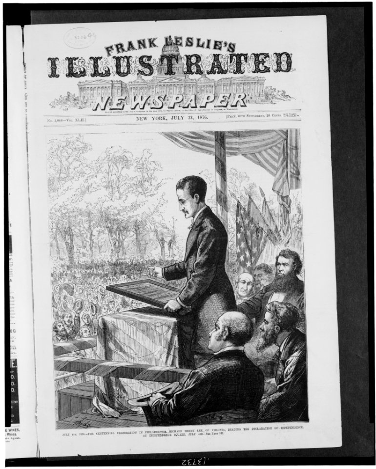 July 4th, 1876. The centennial celebration in Philadelphia-Richard Henry Lee of Virginia, reading the Declaration of Independence at Independence Square, July 4th - Hyde. LCCN95507511