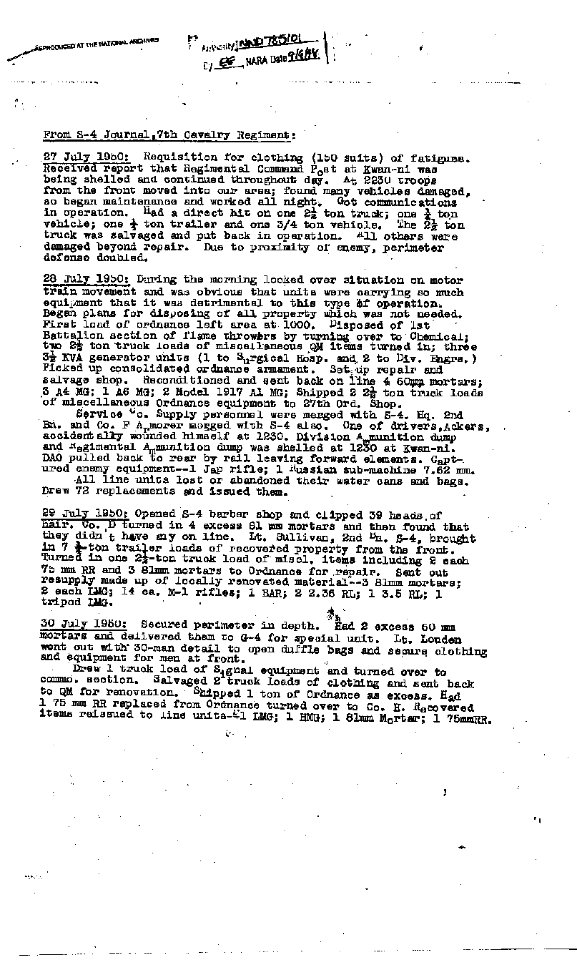 July 1950 7th Cavalry Regiment S-4 log