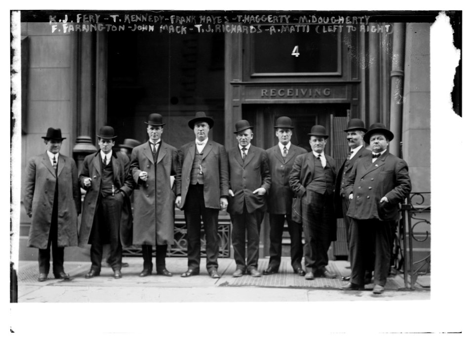 K.J. Ferry, T. Kennedy, Frank Hayes, T. Haggerty, M. Dougherty, F. Farrington, John Mack, T.J. Richards, A. Matti (left to right) LCCN2014686745