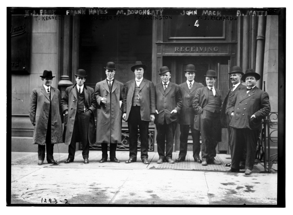 K.J. Ferry, T. Kennedy, Frank Hayes, T. Haggerty, M. Dougherty, F. Farrington, John Mack, T.J. Richards, A. Matti (left to right) LCCN2014686744
