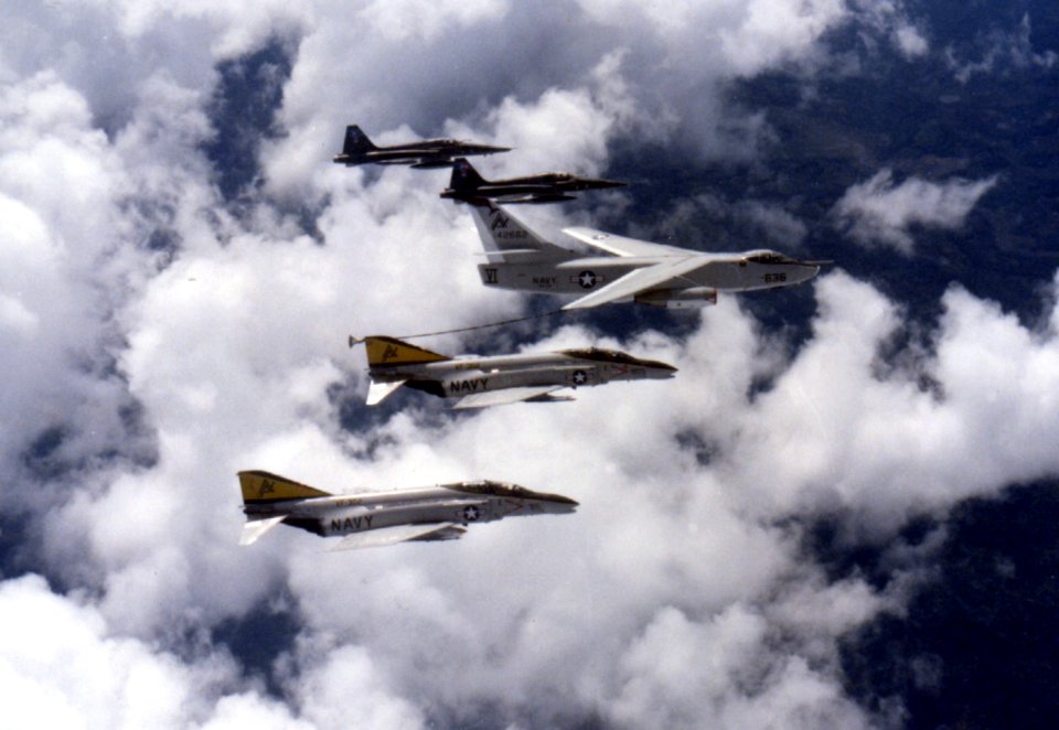 KA-3B refueling CF-5s and F-4Ns 1970s