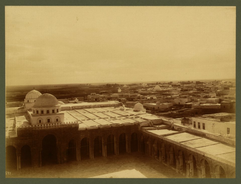 Kairouan. Bird's-eye view taken from top of the minaret of the Grand Mosque showing the mosque proper and the cloisters of the great courtyard - Lehnert et Landrock, Tunis. LCCN2003690048