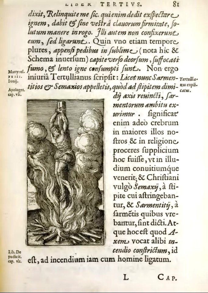JUSTUS LIPSIUS 1594 De Cruce p 81 Torture stake burnt at