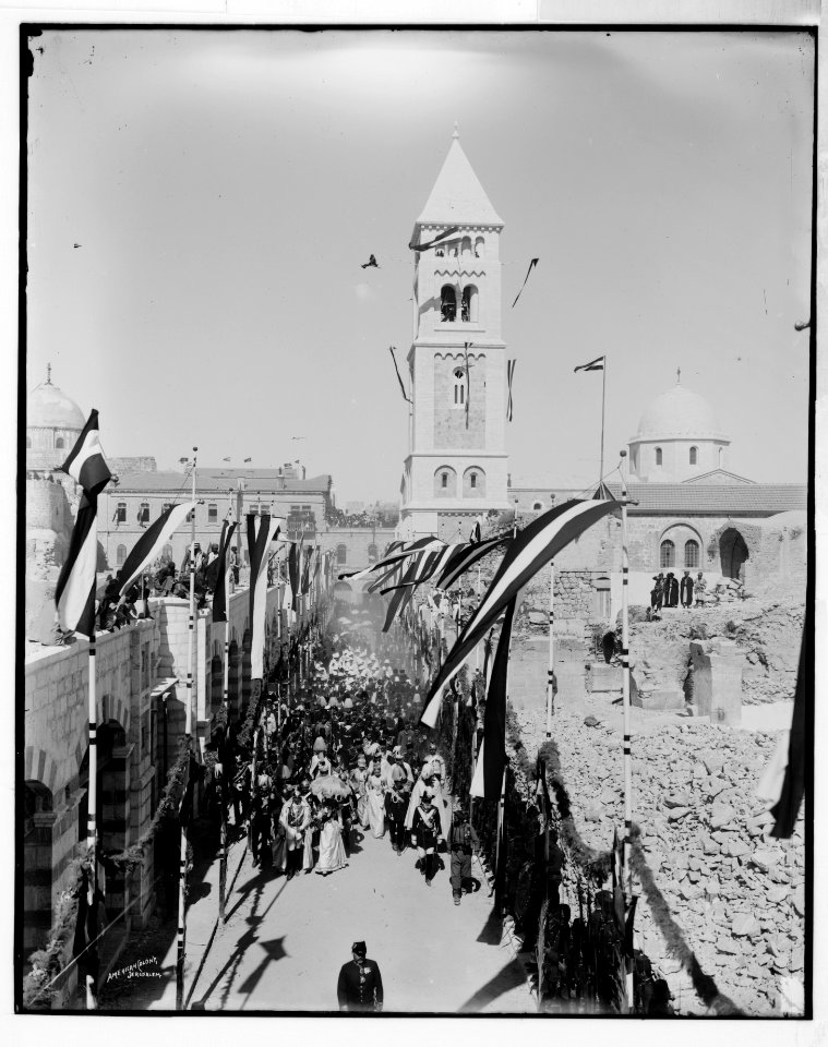 Kaiser and Kaiserin lead royal cortege past the German Lutheran Church of the Redeemer, which they had come to Jerusalem to dedicate LOC matpc.07341