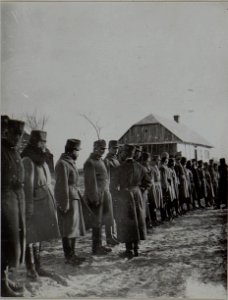 Kaiser Karl übernimmt die Meldung der Offiziere des 10.Korpskommandos in Kopcza, Februar 1916 (BildID 15456227)