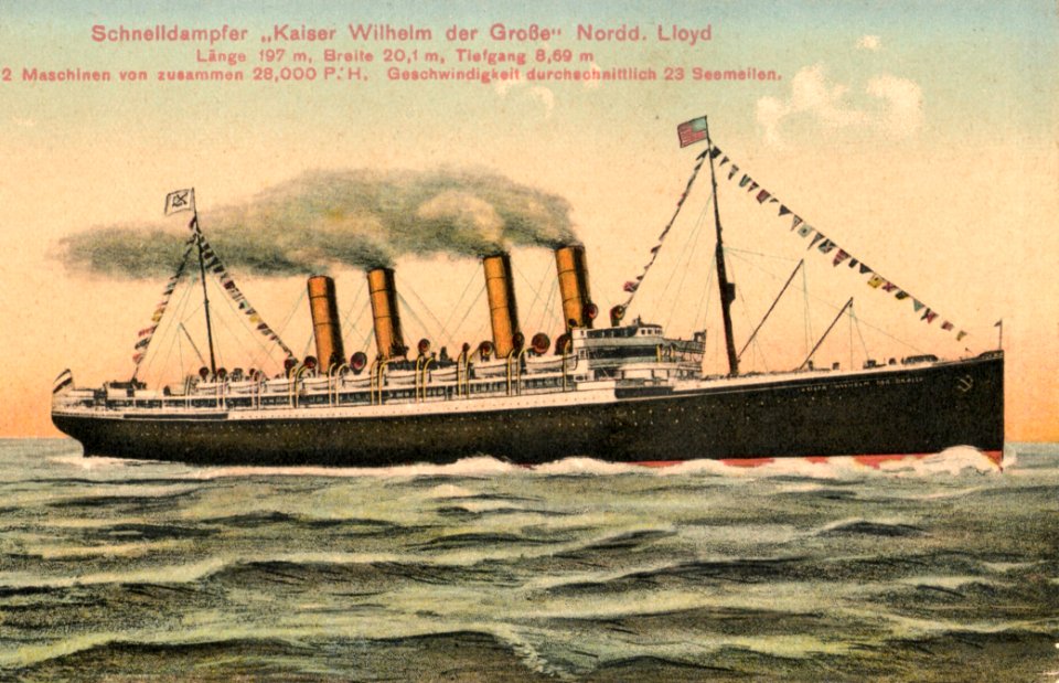 Schnelldampfer KAISER WILHELM DER GROSSE. Kolorierte Postkarte um 1910