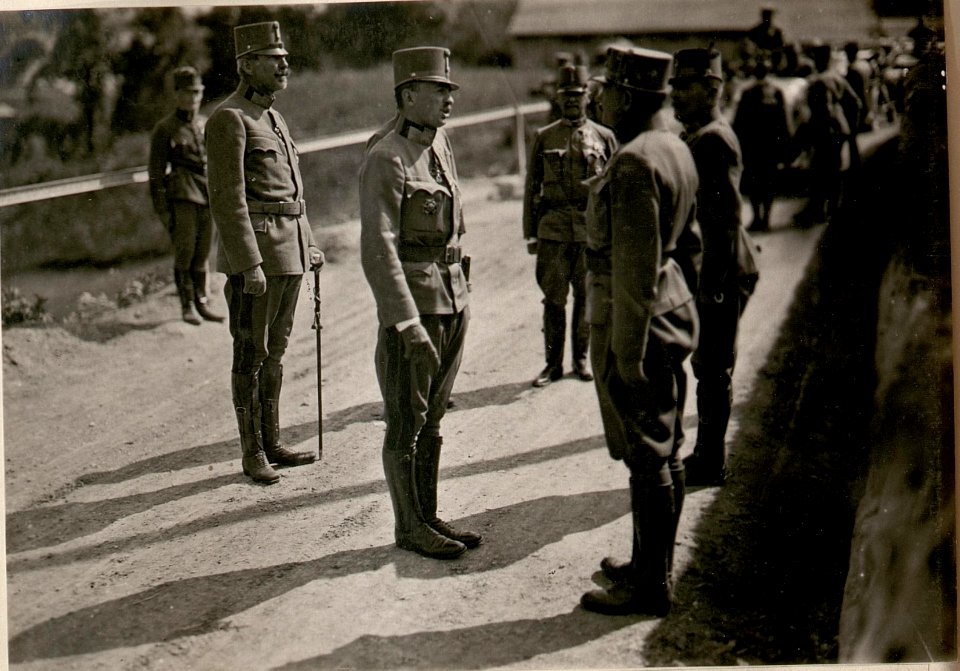Kaiserbesuch in Tarvis, Vorstellung des Gmjr.Dietrich und Gsthptm.Samanek. (4-6.1917.) (BildID 15798866)