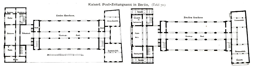 Kaiserl. Post-Zeitungsamt in Berlin, Entwurf Geh. Postrat Hake, Berlin, Ausführung Postbaurat K. Techow u. Regbmstr. Robrade, Berlin, Tafel 70, Kick Jahrgang II, Grundriss