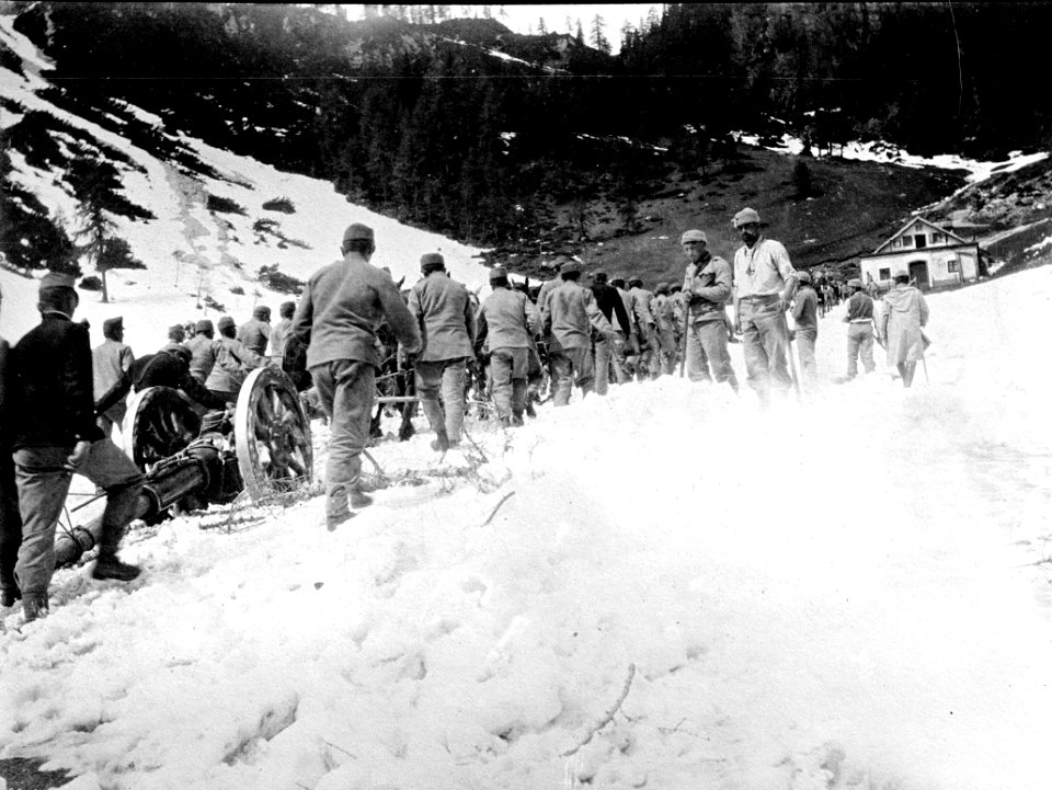 Kanonen werden durch Schnee den Berg hinaufgezogen - CH-BAR - 3239241