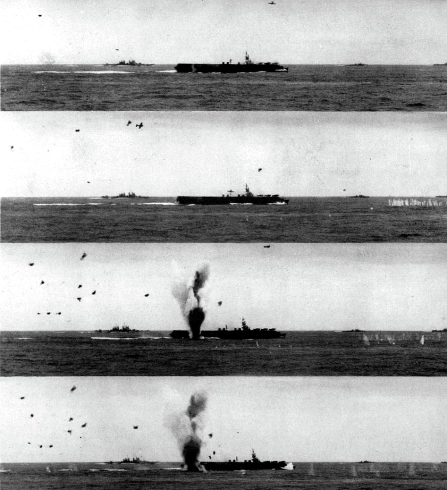 Kamikaze barely misses USS Belleau Wood (CVL-24) on 6 April 1945