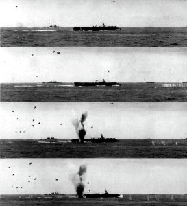 Kamikaze barely misses USS Belleau Wood (CVL-24) on 6 April 1945
