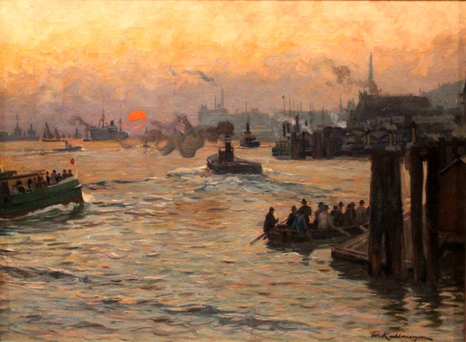 Kallmorgen, Friedrich - Wiederkehrende Werft- und Hafenarbeiter im Hamburger Hafen am Abend