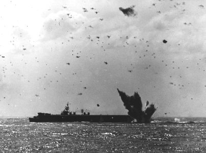 Kamikaze crashes near USS Bataan (CVL-29) in April 1945