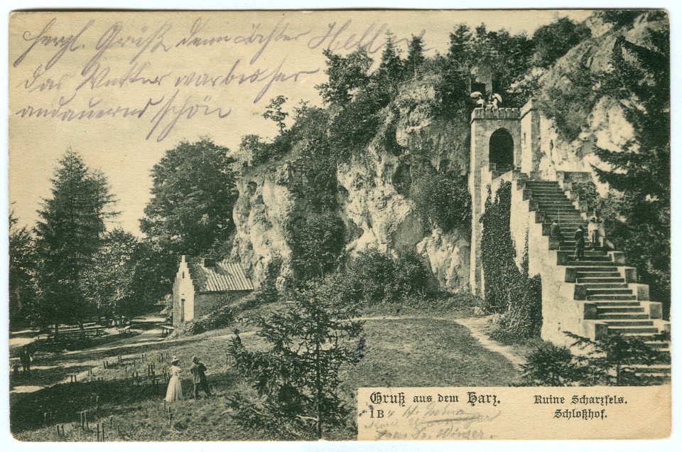 Karl F. Wunder PC 0001B Gruß aus dem Harz. Ruine Scharzfels. Schloßhof. Ansichtsseite
