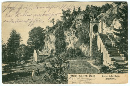 Karl F. Wunder PC 0001B Gruß aus dem Harz. Ruine Scharzfels. Schloßhof. Ansichtsseite