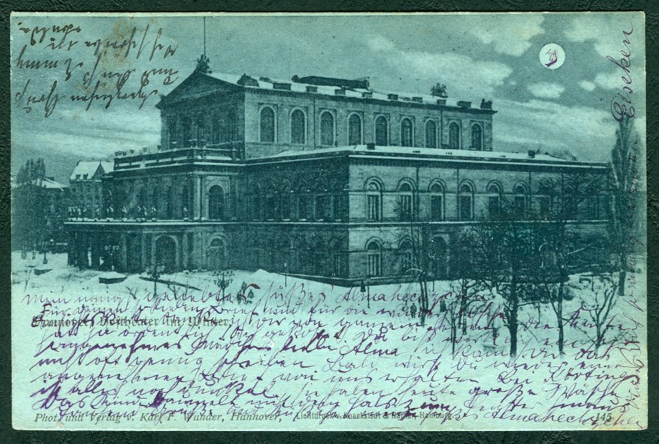 Karl F. Wunder PC 0145 Hannover, Hoftheater im Winter. Mondscheinkarte Bildseite