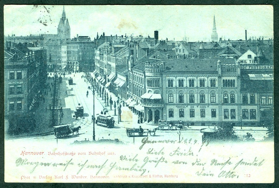 Karl F. Wunder PC 0212 Hannover. Bahnhofstraße vom Bahnhof aus. Knackstedt & Näther Hamburg. Bildseite