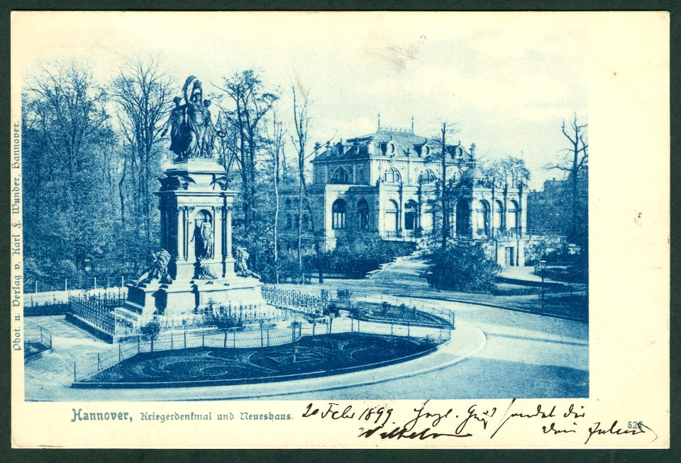 Karl F. Wunder PC 0527 Hannover, Kriegerdenkmal und Neueshaus.Blau Bildseite