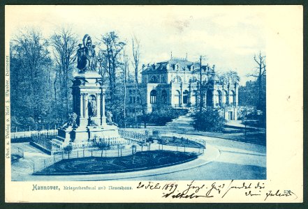 Karl F. Wunder PC 0527 Hannover, Kriegerdenkmal und Neueshaus.Blau Bildseite