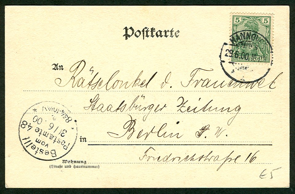 Karl F. Wunder PC 0576 Hannover. Aegidienthorplatz u. Marienstraße. Adressseite
