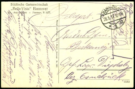 Karl F. Wunder PC 1168 Städtische Gartenwirtschaft „Bella-Vista“ Hannover Inh. Aug. Seeger Fernspr. N 1677 Adressseite 1917 Feldpost Freund und Kamerad Diepelmann an Berkemeyer ... in Gefangenenlager Diepholz Bezirk Osnabrück