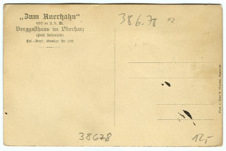 Karl F. Wunder PC Zum Auerhahn 637m ü. d. M. Berggasthaus im Oberharz Post Zellerfeld Tel. Amt Goslar Nr. 139. Rückseite
